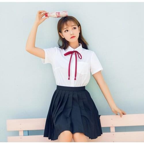 Korean School Uniform Girls Jk Navy Sailor Suit For Women Japanese School Uniform Short sleeve White shirt + Navy blue Skirt