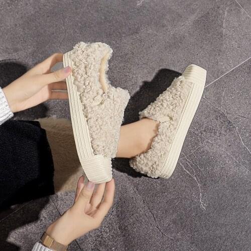 Swonco Suqare Toe Fur Shoes Women Sneakers Winter Warm 2020 New Female Casual Slip On Lazy Loafers Sneakers Vulcanize Female