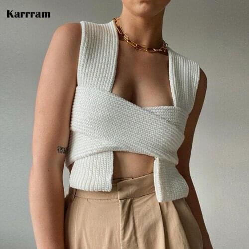 Karrram 2021 Sleeveless Knitted Crop Sweater Sexy Autumn Summer Fashion Vest Black Casual White Jumper Top Female Pullover