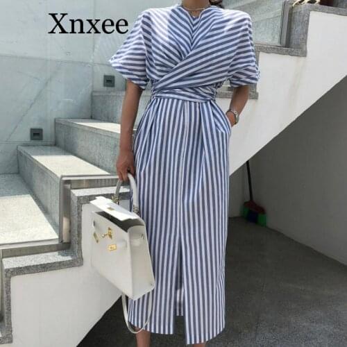 Korean Women Summer Cotton Blue Striped Bandage Split Long Dress Female Long Bodycon Plus Size Vestido Robe Femme Ete Sukienki