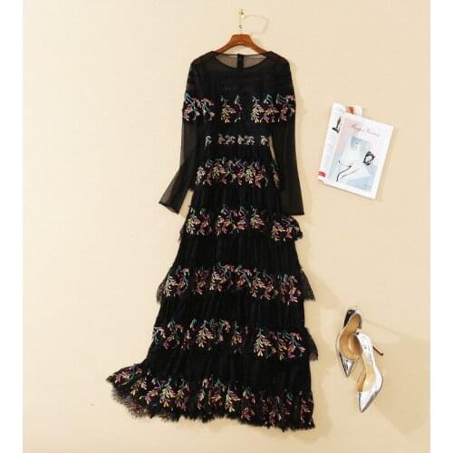 09 2020 Autumn Free Shipping Dress Long Sleeve Embroidery Empire Fashion Flora Print Fashion Womens Clothes SH