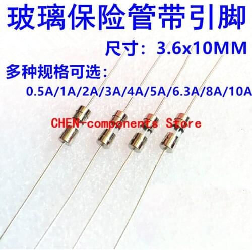 20pcs 3.6*10mm Fuse with lead 250V 0.5A/1A/2A/3A/4A/5A/6.3A/8A/10A