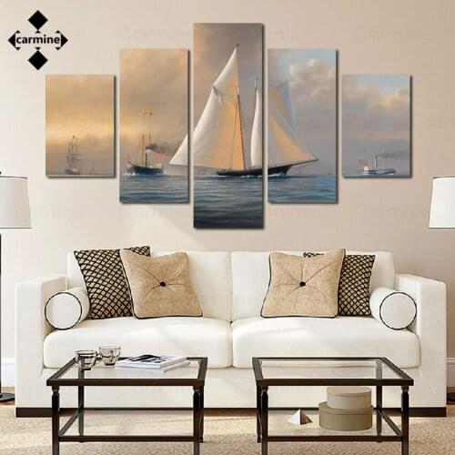 5 Piece Sailboat Canvas Wall Art Modern Posters and Prints Seaside Scenery Printing Picture for Living Room Home Decor Frameless