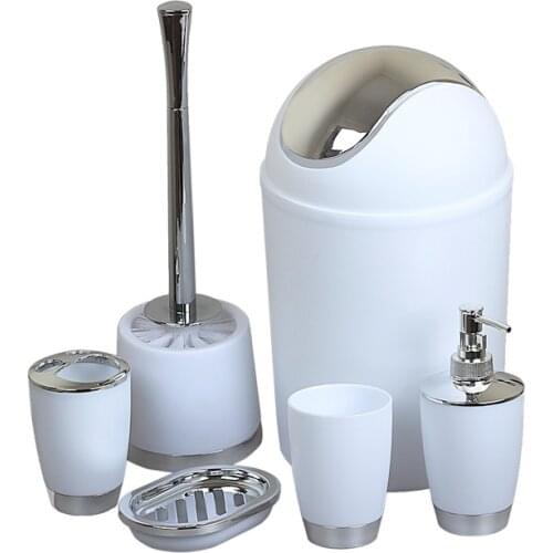 Bathroom Plastic Accessories 6 in 1 Set Toothbrush Holder Toothbrush Cup Liquid bottle Soap Dish Toilet Brush Trash Can