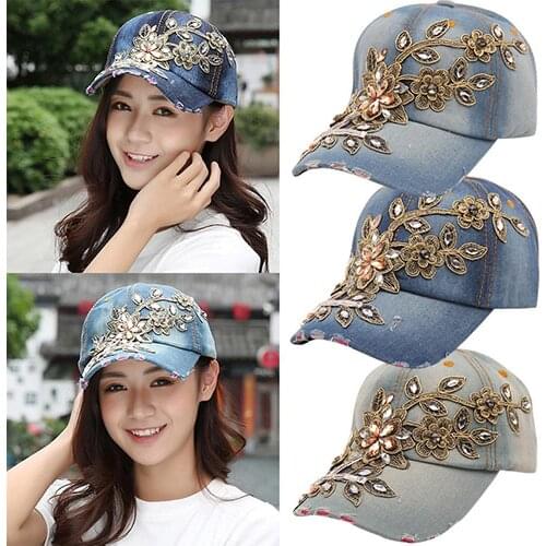 80% Hot Sales Flower Embossed Rhinestone Denim Baseball Cap Summer Fashion Women Jeans Hat