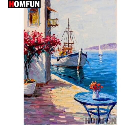 HOMFUN Full Diamond "Boat sea scenery" DIY 5D Diamond Painting Cross Stitch Home Decor Picture Of Rhinestone Handmade A19596