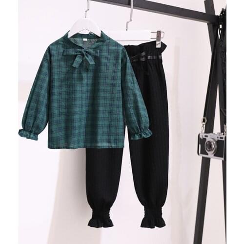 Fashion Baby Girls Sets for Kids Clothes Spring & Autumn Cotton Long Sleeve Plaid Blouses Loose Pants 2 Pieces Teens Outfits