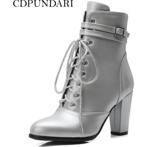 CDPUNDARI Ankle Boots For Women Lace Up High Heels Boots Shoes Woman Autumn Winter Short Boots Silver Black Bottines Femme
