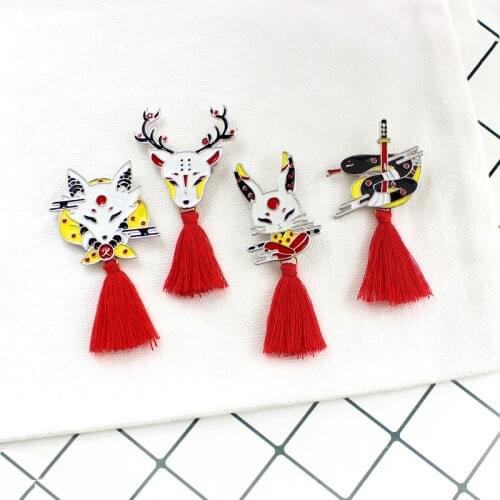 Animal Brooch Japanese Ninja Fox Sika Deer Rabbit Snake Metal Enamel Fringe Brooch Trendy Cute Costume Backpack Jewelry Gift