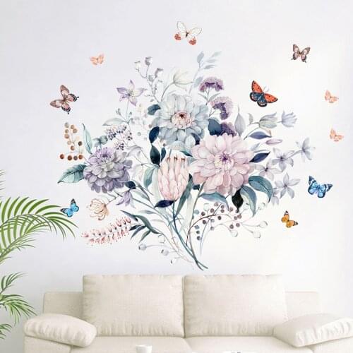 Watercolor flower background decoration sticker Rose Butterfly Wall Sticker Sofa bedroom shop beautification Wall Sticker