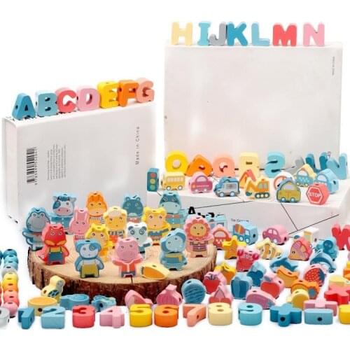 Wooden Toys Baby DIY Toy Cartoon Fruit Animal Stringing Threading Wooden beads Toy Monterssori Educational for Kids