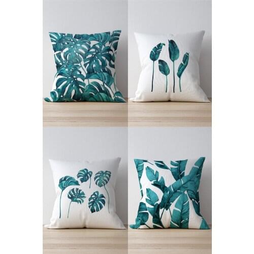 Double Side Printed Blue Monstera Patterned 4'Lü Suede Pillow Decorate Case Good Quality Stylish Home Garden Room Kitchen Gift Convenient Decorative Modern