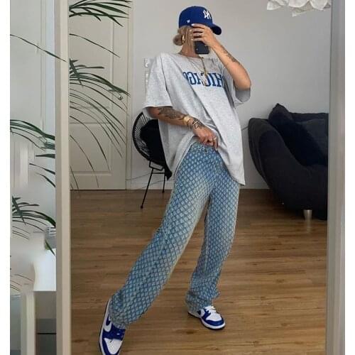 Denim Pants Personality Trendy High-Waist Wild Straight Trousers Solid Color Fitting Ripped Jeans for Women Party Dance Club