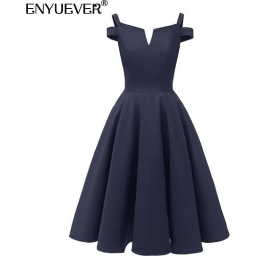 Enyuever Elegant Vintage Dress Women Clothing Spaghetti Strap V Neck Robe Retro Pin Up Swing Short Formal Party Dress Vestidos