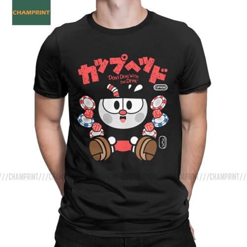 Cuphead Chibi T Shirt for Men 100% Cotton Vintage T-Shirt Game Mugman Cup Mouse Cartoon Animation Gamer Tees Short Sleeve