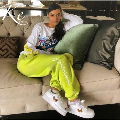 KE hot autumn and winter new solid color letter printing high waist casual pants women fluorescent trend hipster