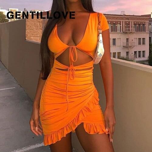 Gentillove Y2K Summer Short Sleeve Bandage Short Dress Sexy Hollow Out Bodycon Dress Elegant V Neck Lace Up Ruffles Mini Dress