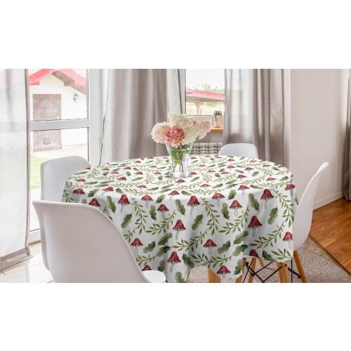 Mushroom Round Tablecloth Watercolor Green Leaf Forest Element Circle Table Cloth Cover for Dining Room Kitchen Decor & Party