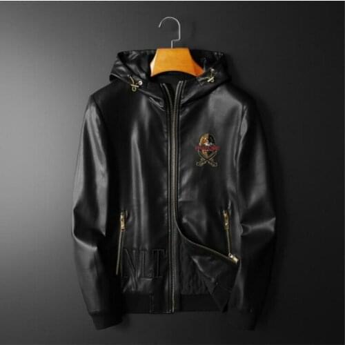 2020 Autumn Winter Mens New Hooded Leather Jacket Korean Slim Trendy Personality Pirate Bead Embroidered male Motorcycle Jackets