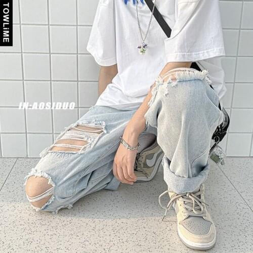 Mens Casual Loose Ripped Jeans 2021 Spring Summer New Women Hip Hop Frame Denim Pants Korean Streetwear Baggy Straight Jeans