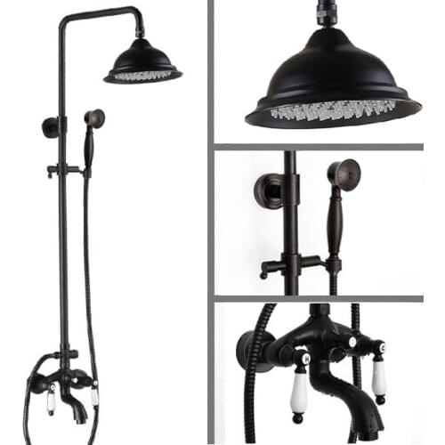 Black Oil Rubbed Brass Wall Mount 8" Rain Bathroom Rainfall Shower Faucet Set with Hand Spray Shower Head Tub Mixer Tap 2hg047