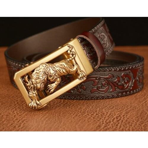2021 New tiger automatic buckle mens belt real cowhide personalized carved belt casual retro mens zodiac belt