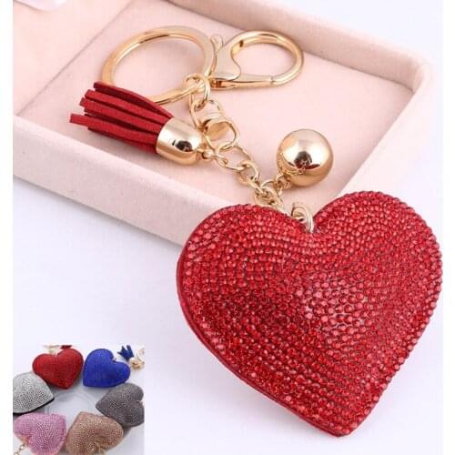 Heart Keychain Leather Tassel Key Holder Metal Crystal Rhinestone Key Chain Keyring Charm Bag Pendant Jewelry Gift Wholesale