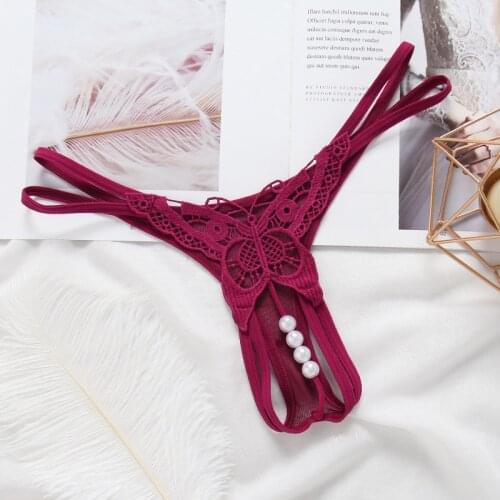 Women Thongs And G String Pearls Hollow Tangas Women Panties Sexy Underwear Erotic Opening Crotch Butterfly Embroidered T-back
