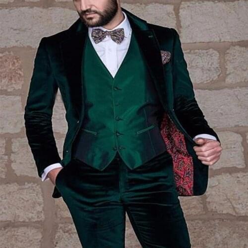 Dark Green Shawl Collar Velvet Men Suits 2021 (Jacket+Pant+Vest) Bespoke Plus Size Latest Designs Terno Masculino Fashion Cool