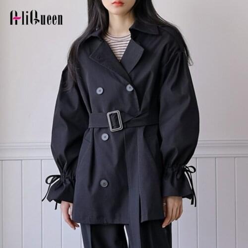 Autumn Korean Women Fashion Notched Collar Sash Trench Coats Ladies Loose Elegant Windbreaker Lace Up Jackets Outwear Black Tops