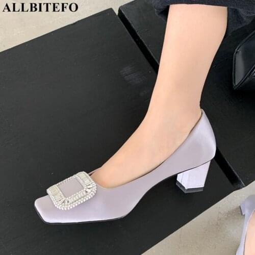 ALLBITEFO Rhinestone Design Silk Outside Cow Leather Inside Party Wedding Women Heels Shoes Spring Fashion Girls High Heel Shoes