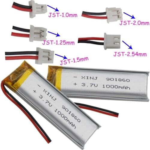 XINJ 2pcs 3.7V 1000mAh li Lithium Polymer Battery 2pin 1.0/1.25/1.5/2.0/2.54mm plug For Camera navigation bluetooth phone 901860