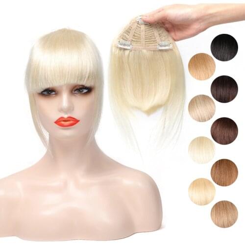 3 Clips in 3D Blunt Cut Hair Bangs Natural Human Hair OverHead Bangs Clip In Hair Extensions Non-Remy 2.5"x4.5" 613 #1B #2 Brown