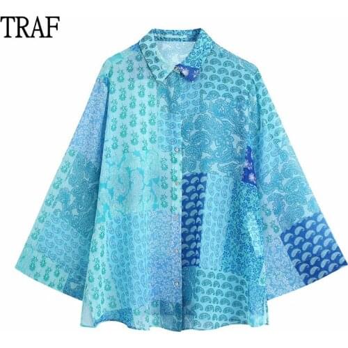 TRAF Za Women Shirts 2021 Fashion Patchwork Print Long Sleeve Top Woman Clothing Vintage Loose Buttons Womens Oversize Shirt