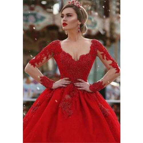 2021 Women Elegant Robe De Soiree Long Sleeves Satin Lace Appliques Prom Long Maxi Dress Red Ball Gown Formal Evening Dresses