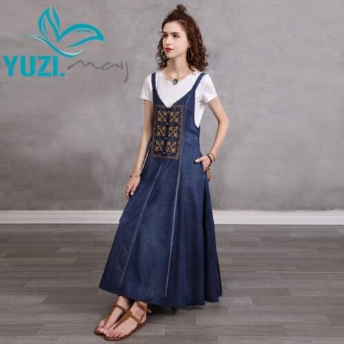 Summer Womens Dress 2021 Yuzi.may Boho New Denim Woman Dresses V-Neck Vintage Embroidery Frog Knot Vestidos A82320 Vestido