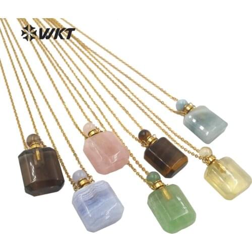 WT-N1190 New design natural stone perfume bottle square shape stone bottle wIth gold Electroplated chain natural stone necklace