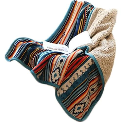 Winter Double Layer Flannel Faux Fleece Bohemian Colorful Stripes Throw Blanket