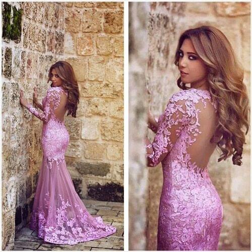 2018 Lilac lace Long Sleeves Mermaid Evening formal Dress elegant appliques illusion Back Sexy prom Gown Mother Bride Dresses