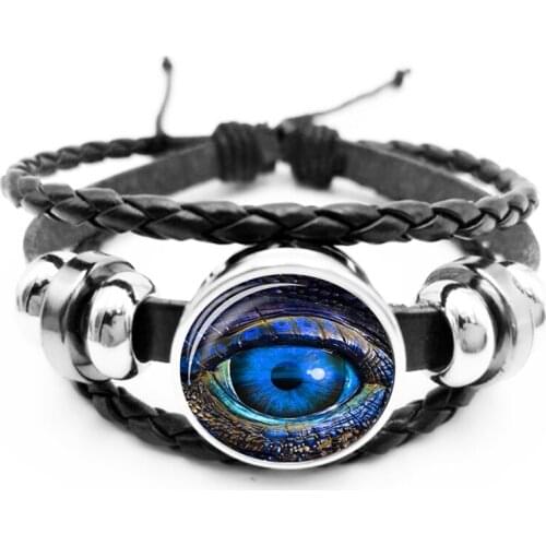 2020 Evil Eye Charm Bracelet Glass Cabochon Black Leather Woven Snap Button Bracelet Men and Women Jewelry Gift