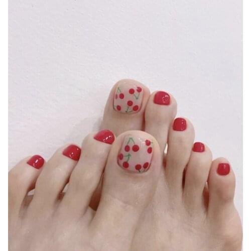 Super cute pure color with cherry pattern false nails for toe french 24pcs lady full nail tips short size summer toe nails