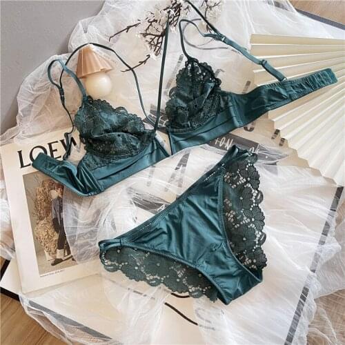 French lace bralette no steel ring triangle cup sexy strappy ultra-thin bra set big breasts show small underwear langerie suit