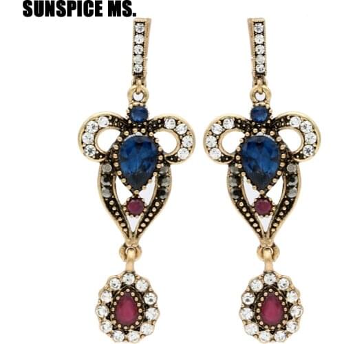 Elegent Turkish Women Long Hook Dangle Earrings Antique Gold Resin Flower Drop Earring Jewelry Indian Bohemia Wedding Bojoux