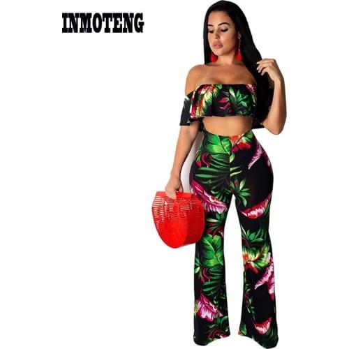 INMOTENG Two Piece Set Floral Leaf Pint Ruffle Off Shoulder Strapless Crop Top Long Wide Pants Women Two Piece Outfits Tracksuit