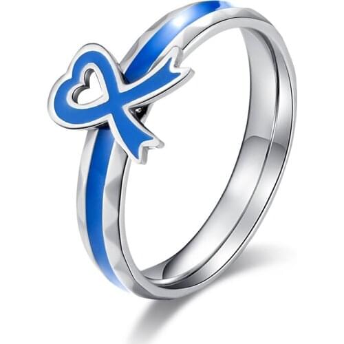 Autism Children Blue Ribbon Stainless Steel Ring for Women Men Jewelry Blue Action World Autism Awareness Day