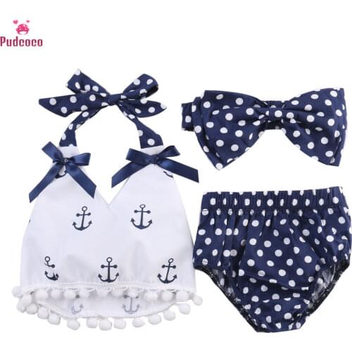 3pcs Newborn Baby Girl Outfit Clothes Set Anchors Pattern Halter Tops+Polka Dot Briefs Bloomers +Headband Clothing Sets