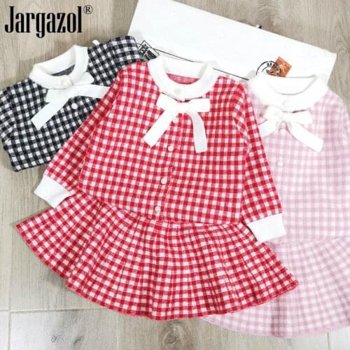 Girls Winter Clothes Set Sweater Cardigan and Skirt 2 Pcs Children Clothing Sets Plaid Knitted Fashion Outfits Sets