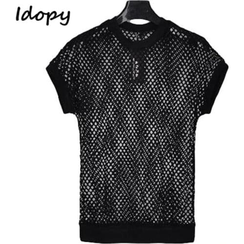 Idopy Korean Summer Tshirt Men Brand New Slim Fit See Through Gothic Punk Pullovers Men Mesh Short sleeve Casual Tees T-shirt