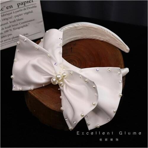 Korean-Style White Sequined Bow satin Temperament Headband Retro Elegant Wedding Head Jewelry