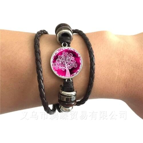 Life Tree Leather Bracelet Glass Cabochon Black/Brown 2 Color Leather Trendy Statement Bangle Fashion Men Women Jewelry Gift